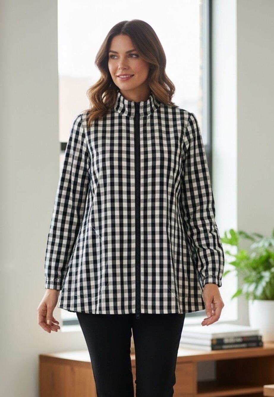 Sun Kim Size M Black & White Gingham Full Zipper Stand Collar Jacket Lagenlook